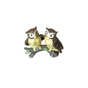 Vintage Lefton Hand Painted Owl Pair on Branch Figurine